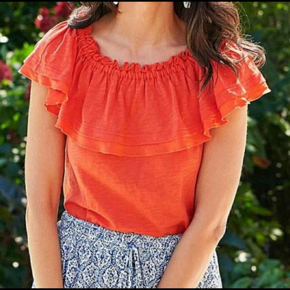 3/$20 MATILDA JANE Blouse Orange Ruffle Off the Shoulder Cotton Top Womens Small
